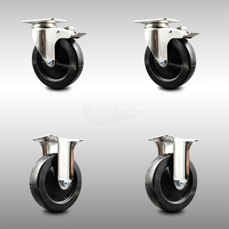 SERVICE CASTER 5 Inch 316SS Hard Rubber Wheel Swivel Top Plate Caster Lock Brake 2 Rigid, 2PK SCC-SS316TTL20S514-HRS-2-R-2